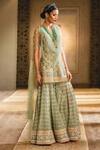 Shop_Tarun Tahiliani_Green Tulle V Neck Embroidered Kurta Sharara Set_at_Aza_Fashions