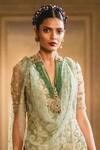 Tarun Tahiliani_Green Tulle V Neck Embroidered Kurta Sharara Set_Online_at_Aza_Fashions