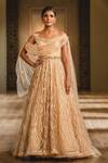 Buy_Tarun Tahiliani_Gold Tulle Off Shoulder Anarkali Set _at_Aza_Fashions