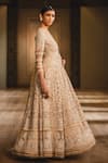 Tarun Tahiliani_Gold Tulle V Neck Embroidered Anarkali Set _Online_at_Aza_Fashions