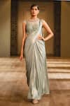 Buy_Tarun Tahiliani_Blue Foil Jersey Round Draped Saree Gown _at_Aza_Fashions