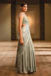 Tarun Tahiliani_Blue Foil Jersey Round Draped Saree Gown _Online_at_Aza_Fashions