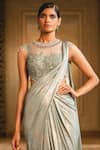 Buy_Tarun Tahiliani_Blue Foil Jersey Round Draped Saree Gown _Online_at_Aza_Fashions