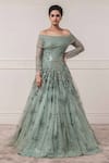 Buy_Tarun Tahiliani_Blue Tulle Off Shoulder Anarkali Gown _at_Aza_Fashions