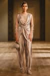 Buy_Tarun Tahiliani_Silver Foil Jersey Round Metallic Draped Jumpsuit _at_Aza_Fashions