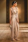 Shop_Tarun Tahiliani_Silver Foil Jersey Round Metallic Draped Jumpsuit _at_Aza_Fashions