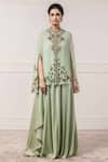 Buy_Tarun Tahiliani_Green Georgette Band Collar Printed Cape And Flared Pant Set _at_Aza_Fashions