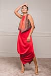 Buy_Tarun Tahiliani_Red Crepe Satin Round Draped Dress With Jacket _Online_at_Aza_Fashions