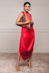 Shop_Tarun Tahiliani_Red Crepe Satin Round Draped Dress With Jacket _Online_at_Aza_Fashions