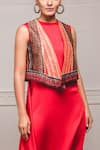 Tarun Tahiliani_Red Crepe Satin Round Draped Dress With Jacket _at_Aza_Fashions