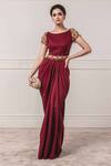 Buy_Tarun Tahiliani_Maroon Double Georgette Draped Gown_at_Aza_Fashions