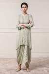 Buy_Tarun Tahiliani_Green Georgette Band Collar Chikankari Kurta And Dhoti Pant Set _at_Aza_Fashions