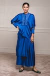 Buy_Tarun Tahiliani_Blue Satin Lycra Band Collar Embroidered Top With Draped Skirt _at_Aza_Fashions