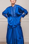 Shop_Tarun Tahiliani_Blue Satin Lycra Band Collar Embroidered Top With Draped Skirt _Online_at_Aza_Fashions