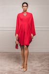 Buy_Tarun Tahiliani_Red Crepe Mandarin Collar Draped Tunic Dress _at_Aza_Fashions