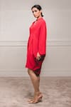 Tarun Tahiliani_Red Crepe Mandarin Collar Draped Tunic Dress _Online_at_Aza_Fashions