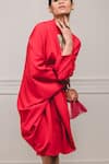 Buy_Tarun Tahiliani_Red Crepe Mandarin Collar Draped Tunic Dress _Online_at_Aza_Fashions