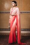 Buy_Tarun Tahiliani_Peach Foil Raw Silk V Neck Embroidered Saree With Blouse _Online_at_Aza_Fashions