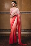 Tarun Tahiliani_Peach Foil Raw Silk V Neck Embroidered Saree With Blouse _Online_at_Aza_Fashions