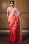 Buy_Tarun Tahiliani_Peach Foil Raw Silk V Neck Embroidered Saree With Blouse _at_Aza_Fashions