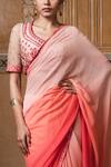 Shop_Tarun Tahiliani_Peach Foil Raw Silk V Neck Embroidered Saree With Blouse _Online_at_Aza_Fashions