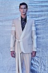 Line out line_Cream Cotton Embroidered Patch Work And Piping Color Black Tie-up Blazer  _at_Aza_Fashions