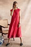 Buy_Swatti Kapoor_Red Handwoven Chanderi Mul Plain Round Yachi Dress  _at_Aza_Fashions