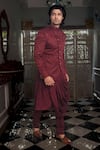 Shop_YAJY by Aditya Jain_Red Bandhgalaand Kurta  Silk Textured Rish Set _at_Aza_Fashions