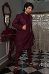 YAJY by Aditya Jain_Wine Jacket And Kurta Silk Botanical Pattern Kris Set _Online_at_Aza_Fashions