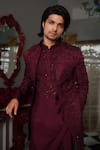 Shop_YAJY by Aditya Jain_Wine Jacket And Kurta Silk Botanical Pattern Kris Set _Online_at_Aza_Fashions