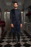 Buy_YAJY by Aditya Jain_Blue Jacket Suede And Silk Embellished Beads Nil Bandhgala Set _at_Aza_Fashions