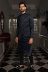 Buy_YAJY by Aditya Jain_Blue Jacket Suede And Silk Embellished Beads Nil Bandhgala Set _Online_at_Aza_Fashions