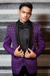 Shop_YAJY by Aditya Jain_Purple Silk Hand Embroidered Cutdana Tuxedo Set _Online_at_Aza_Fashions