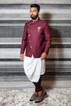 Buy_YAJY by Aditya Jain_Maroon Italian Suiting Overlap Bandhgala Set _Online_at_Aza_Fashions