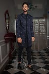 Shop_YAJY by Aditya Jain_Blue Jacket And Kurta Silk Embroidery Beads Kriya Sherwani Set _at_Aza_Fashions