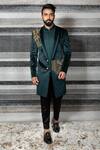 Buy Yajy By Aditya Jain Green Silk, Stretch Cotton Geometric Embroidered Sherwani Set at Aza Fashions Buy_Yajy By Aditya Jain_Green Silk, Stretch Cotton Geometric Embroidered Sherwani Set _at_Aza_Fashions