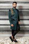 Yajy By Aditya Jain Green Silk, Stretch Cotton Geometric Embroidered Sherwani Set Online at Aza Fashions Yajy By Aditya Jain_Green Silk, Stretch Cotton Geometric Embroidered Sherwani Set _Online_at_Aza_Fashions