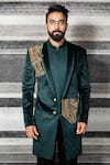 Buy Yajy By Aditya Jain Green Silk, Stretch Cotton Geometric Embroidered Sherwani Set Online at Aza Fashions Buy_Yajy By Aditya Jain_Green Silk, Stretch Cotton Geometric Embroidered Sherwani Set _Online_at_Aza_Fashions