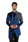 Buy_YAJY by Aditya Jain_Blue Suede Embroidered Sherwani _at_Aza_Fashions