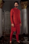 Yajy By Aditya Jain Red Churidar Stretch Cotton, Kurta And Bundi Silk Dara Embroidered & Set Online at Aza Fashions Yajy By Aditya Jain_Red Churidar Stretch Cotton, Kurta And Bundi Silk Dara Embroidered & Set _Online_at_Aza_Fashions