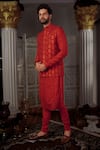 Shop Yajy By Aditya Jain Red Churidar Stretch Cotton, Kurta And Bundi Silk Dara Embroidered & Set Online at Aza Fashions Shop_Yajy By Aditya Jain_Red Churidar Stretch Cotton, Kurta And Bundi Silk Dara Embroidered & Set _Online_at_Aza_Fashions