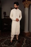 Buy_Yajy By Aditya Jain_Off White Churidar Stretch Cotton, Kurta Silk Mirror Salya Embroidered Set _at_Aza_Fashions