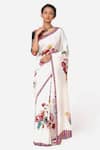 Yam India_White Silk Habutai Hand Painted Saree  _Online_at_Aza_Fashions