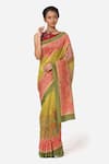 Buy_Yam India_Green Silk Chanderi Printed Saree  _at_Aza_Fashions