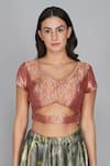 Buy_Yavi_Brown Banarasi Brocade Embroidery V Neck Blouse _at_Aza_Fashions