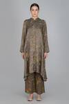 Yavi_Grey Hand Embroidered Tissue Mandarin Floral Print Tunic  _Online_at_Aza_Fashions