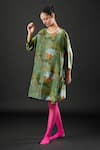 Buy_Yavi_Green Silk Printed Tropical Round Emerald Dress  _at_Aza_Fashions