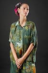 Yavi_Green Silk Floral Print Spread Collar Aran Shirt _at_Aza_Fashions