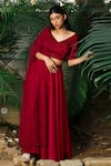 Buy_Shloka Sudhakar_Maroon Soft Silk Satin V Neck Lehenga And Embroidered Blouse Set _at_Aza_Fashions
