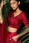 Shop_Shloka Sudhakar_Maroon Soft Silk Satin V Neck Lehenga And Embroidered Blouse Set _at_Aza_Fashions